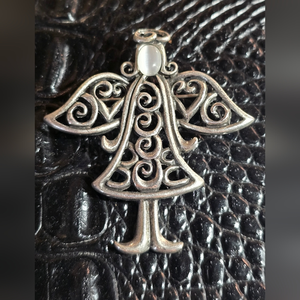 Silver Angel Brooch With White Cat's Eye